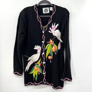 Storybook Knits bird Cockatoo Women's Black Embroidered V-Neck Long Sleeve Cardi